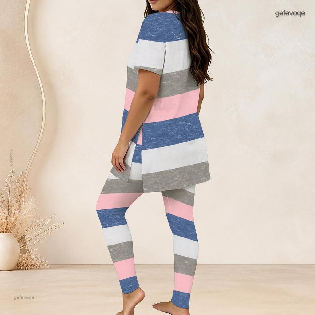 Women Plus Size Two Piece Set Round Neck Short Sleeve Printed Long Top Fitted Long Pants