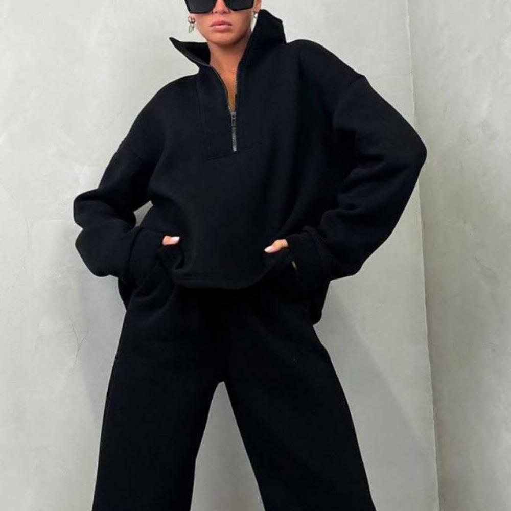 

Женский весенне-осенний костюм-свитер - воротник-стойка, свободный повседневный домашний костюм со штанами на кулиске XS чёрный