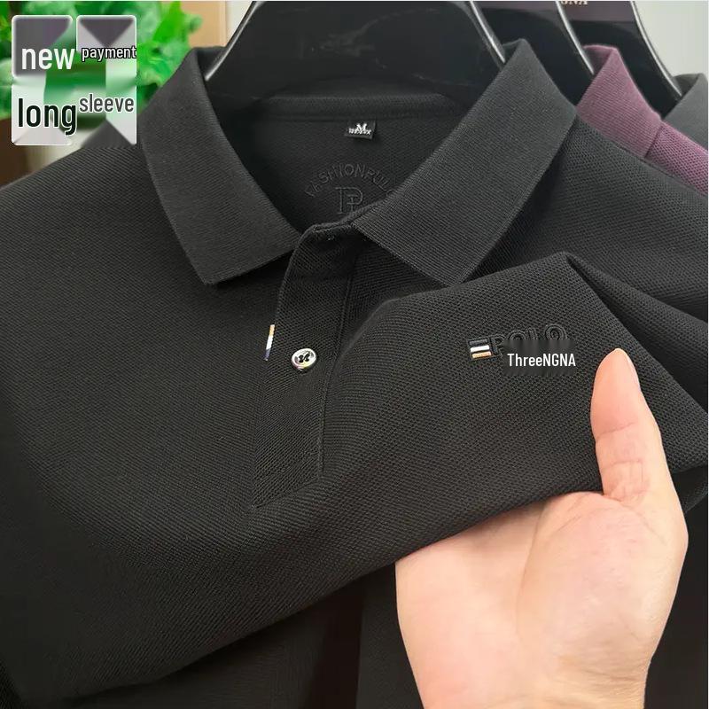 

Чоловіча бавовняна піке-поло сорочка з довгим рукавом 2025 року з вишивкою - Однотонна, відкладний комір, вільний крій XXXL fit for 82.5-90 kg чорний