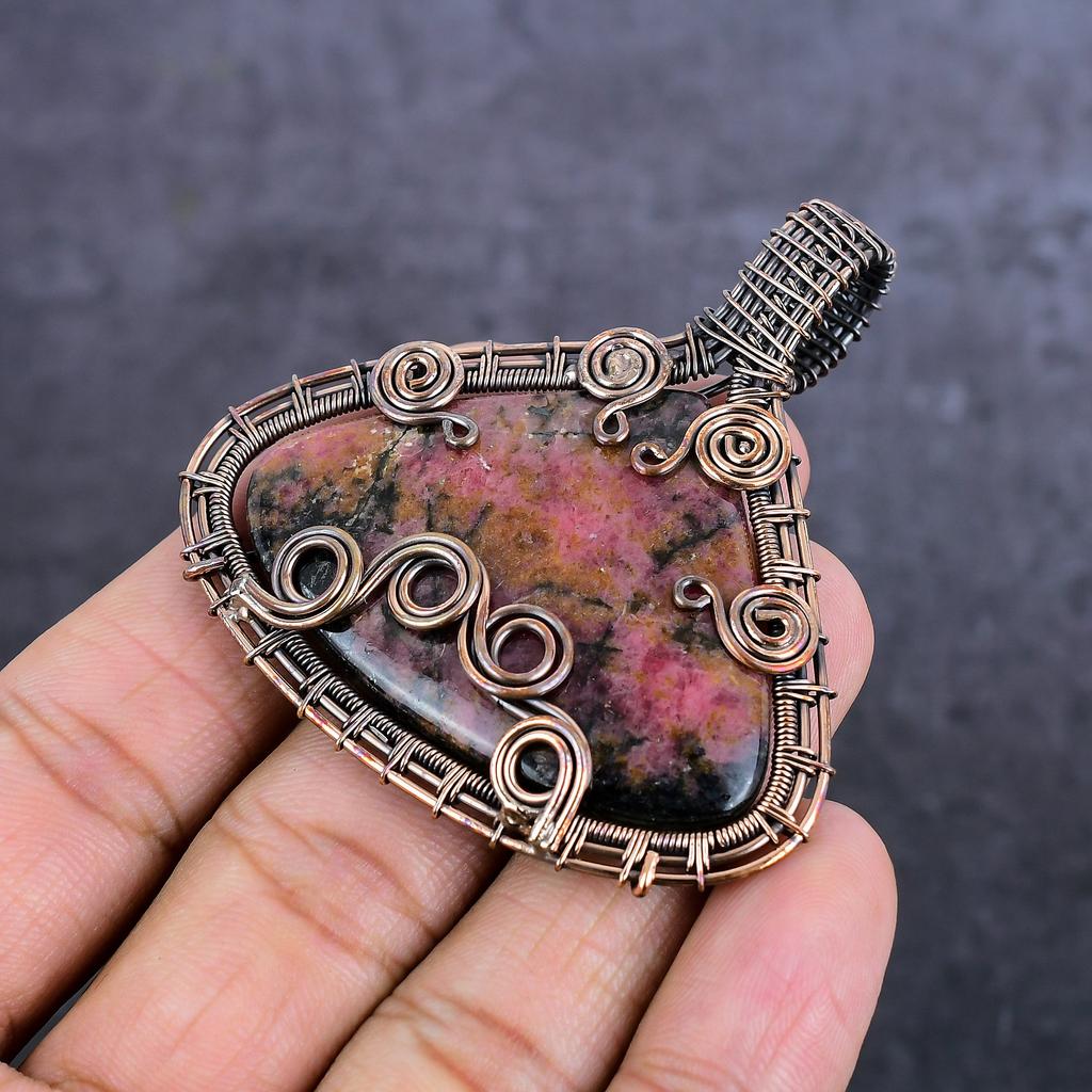 Natural Rhodonite Gemstone Handmade Copper Wire Wrap Jewelry Pendant 2.52" F8m52