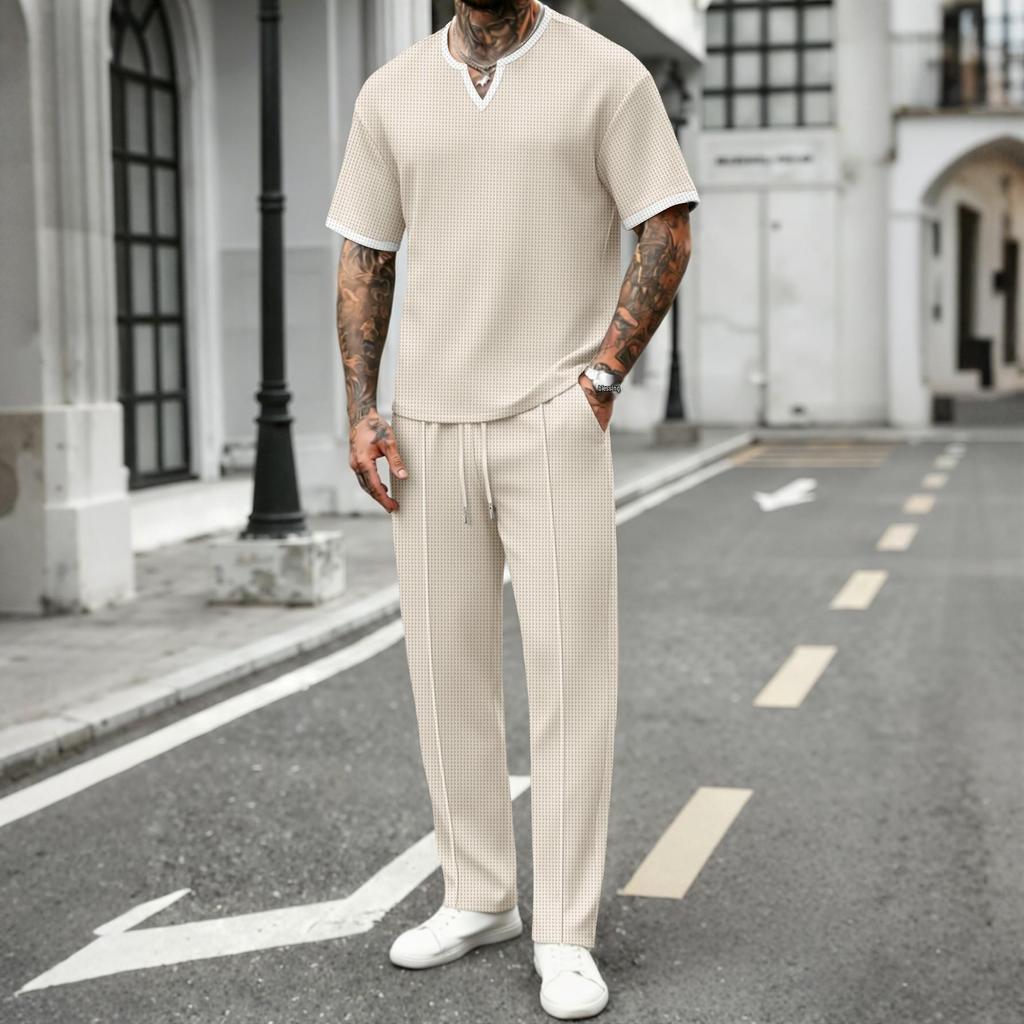 Men's Summer V-neck Waffle T-shirt & Long Pants Streetwear Sports Set