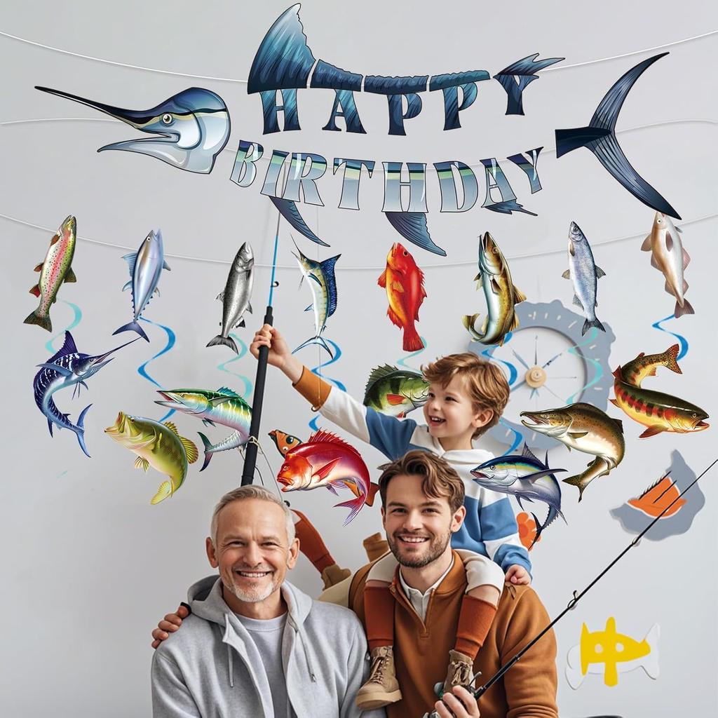 Fishing Birthday Party Decorations - 10PCS Fishing Themed Banners with Hanging Swirls Happy Bday Decoration for Fish Lovers Fisherman