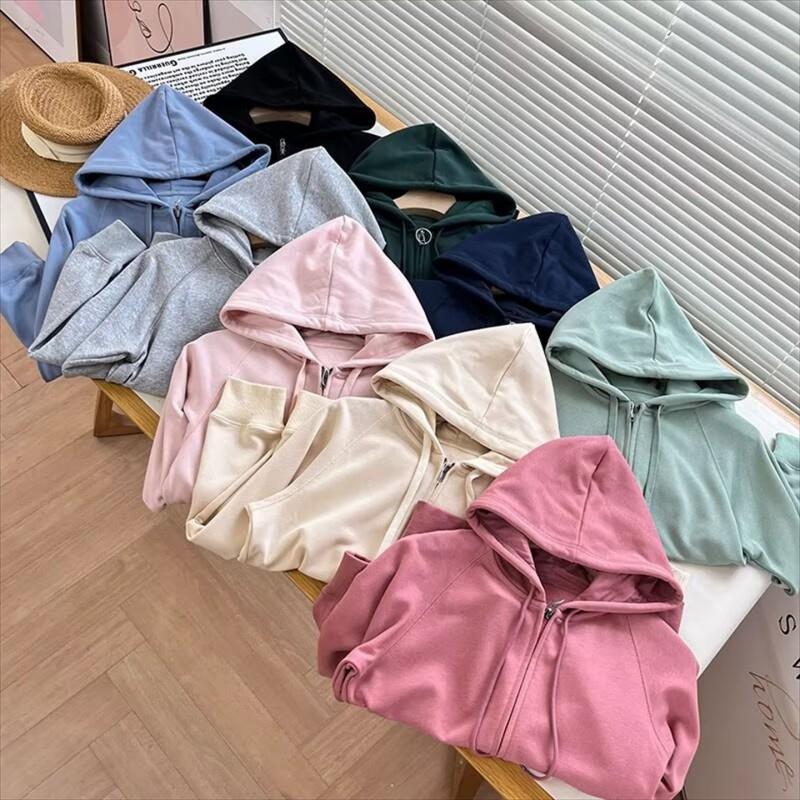Womens Solid Color Hooded Zip-Up Sweatshirt Cotton-Feel Fabric Casual Long Sleeve Pullover