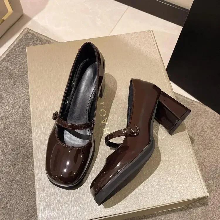 Summer New Patent Leather Brown Shoes Vintage Thick High Heels Shoes Women Woman Square Toe Chunky Heels 2025 Black