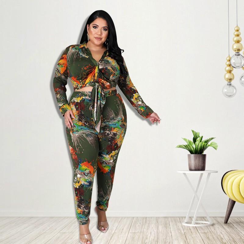Womens Knit Printed Casual Two-Piece Set Long Sleeve Top Pants White Green 2025 Plus Size 1XL-5XL