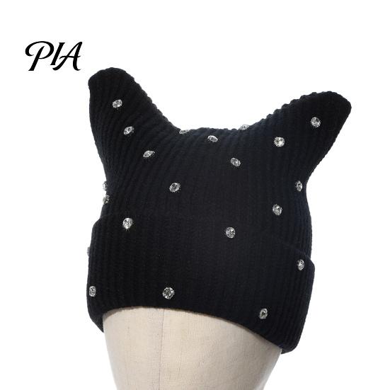 Warm Winter Gift for Her Cat Ear Hat Women Girls, Striped Slouchy Crochet Headgear Cute Animal Cap with Shiny Rhinestones, Knitted Playful Accessory
