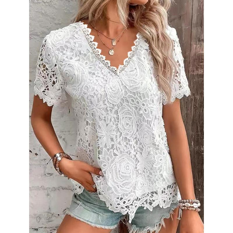 

BITCED Women s Fashion Casual Solid Color Print Short Sleeve V Neck Blouses & Shirts International design S