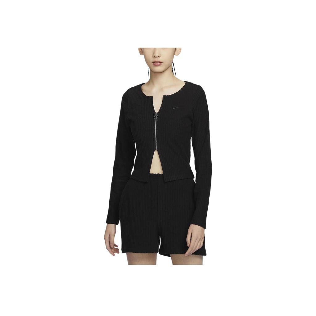Nike Sportswear Chill Knit Solid Zip V-Neck Slim Ribbed Long Sleeve Sweater Women Tops Black FN3683-010