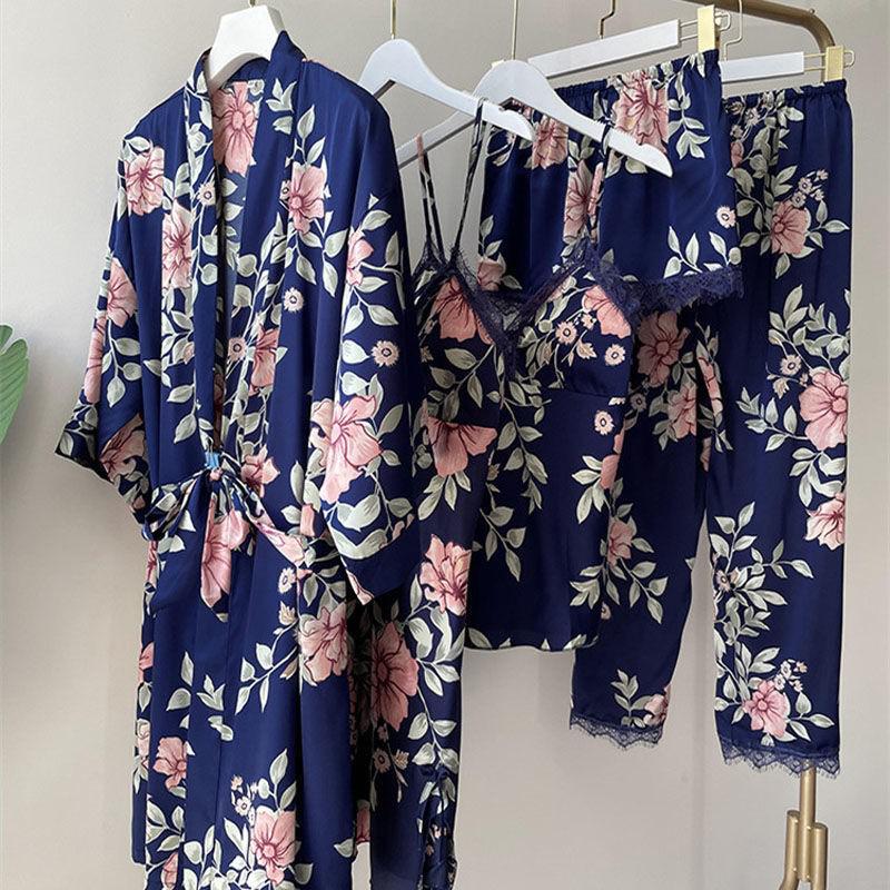 Sexy Rayon Silk 5PCS Pajamas Set Female Sleepwear Print Flower Bathrobe Nightgown Lady Relaxed Fit Casual Pijamas Suit Home Clothes
