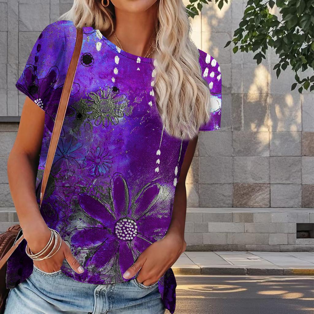 Damski Letni T-shirt z Nadrukiem Kwiatowym w Stylu Retro, z Krótkim Rękawem, Casualowe Drukowane Top