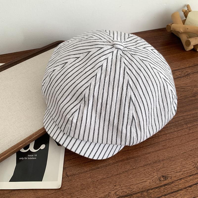 Japanese styleretrostripesartsy beret women's small face breathable sunshade sunscreen big head circumference octagonal hat trendy