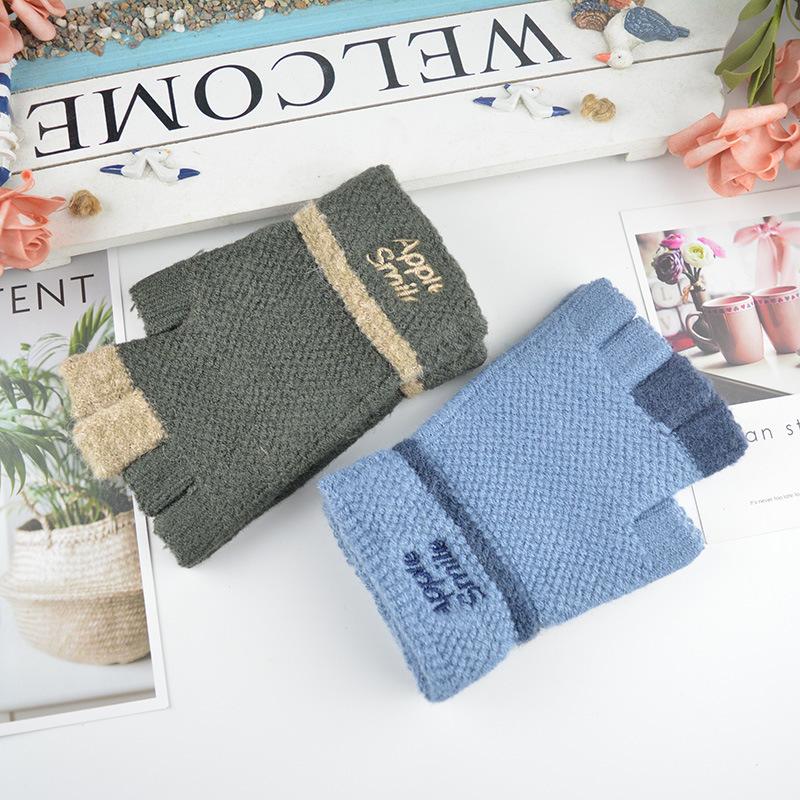 New Men's Half-finger Gloves Winter Student Jacquard Writing Outdoor Warm Wool Knitted Gloves