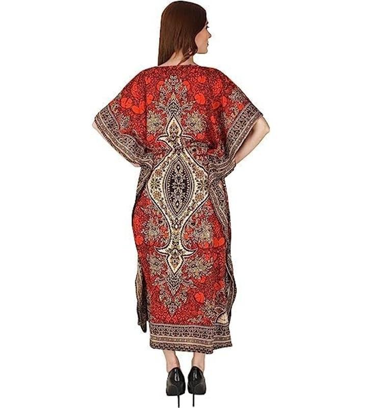 TreegoArt Fashion Women's Polyester Long Kaftan Caftan Printed Adjustable Boho Dress Nightwear Maxi Gown