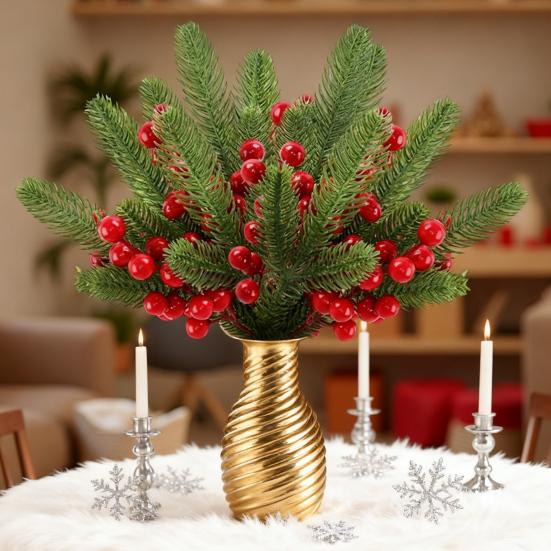 Vánoční borové větvičky s červenými bobulemi Umělé zelené stonky na strom Květinová aranžmá Domov Kancelář Sváteční středová dekorace