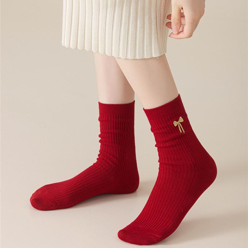 Women's Year of the Horse Red Zodiac Socks, Mid-Calf, Double Needle, Striped, Autumn/Winter.