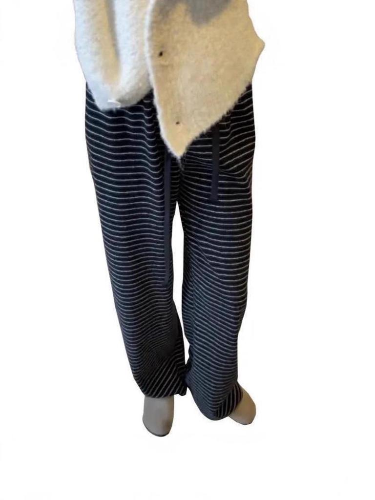Women's High-Waist Retro Striped Velvet Wide-Leg Pants - Winter Warmth & Slim Fit