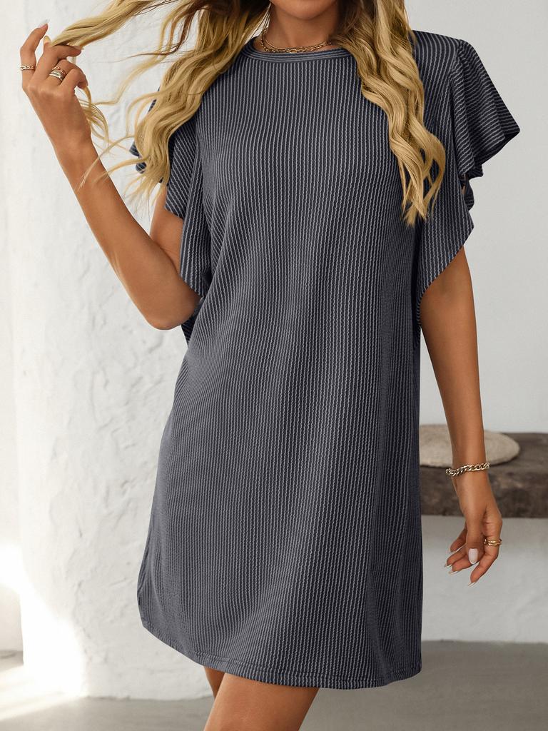 Women's Contrast Color Twisted Stripe Midi Dress with Ruffle Sleeves, Bohemian Casual Party Wear Flowy Split Hem Stretchy Spring Autumn A-Line Dress