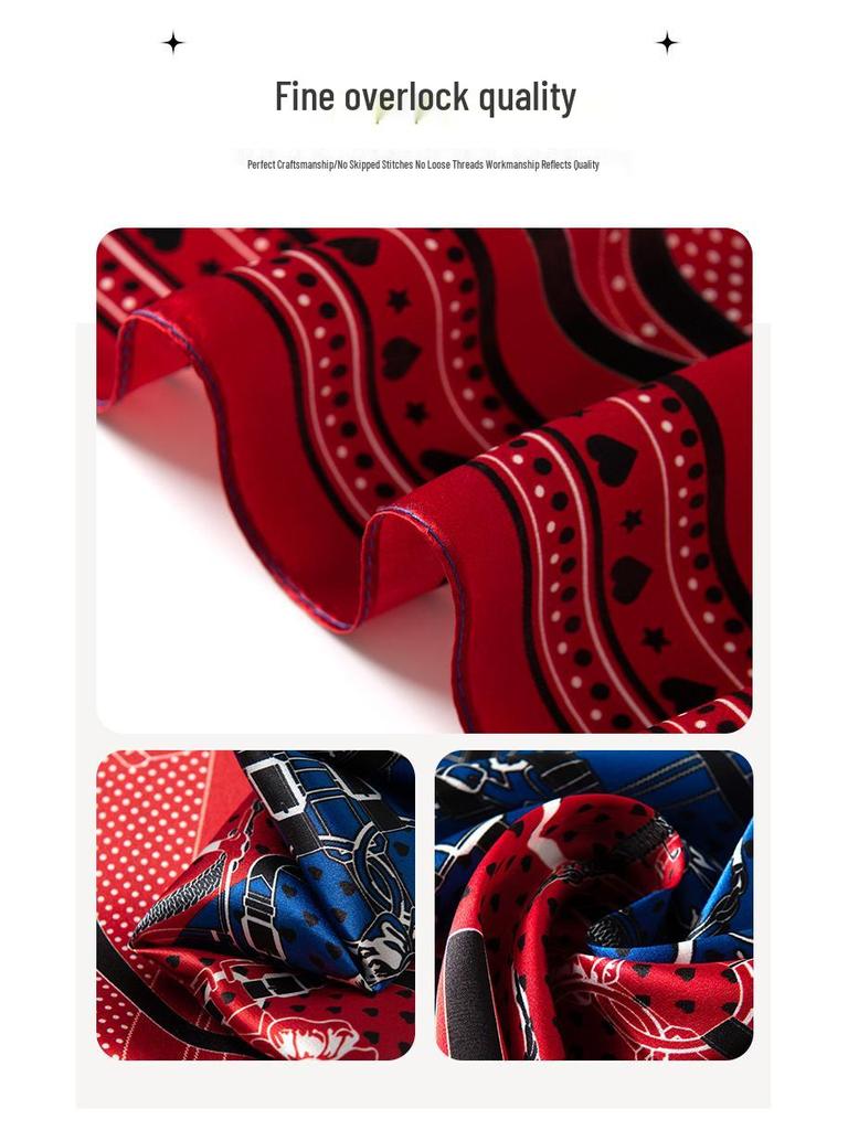 Elegant Autumn Red & Blue Patchwork Mulberry Silk Scarf - Versatile Women's Fashion Accessory