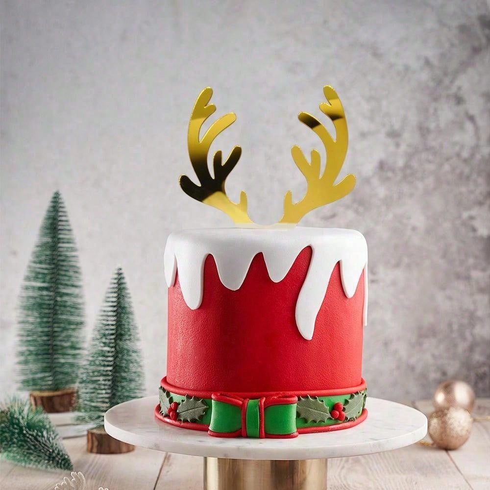 2pcs/set Gold Acrylic Deer Antler Cake Plug-in for Christmas New Year Birthday Party Cake Topper DIY Decoration Supplies