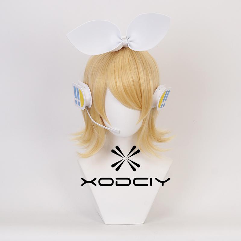 Hoge Kwaliteit Rin Len Cosplay Pruik Kort Gouden Hittebestendig Synthetisch Haar Anime Cosplay Pruiken + Track + Pruikenkap beige