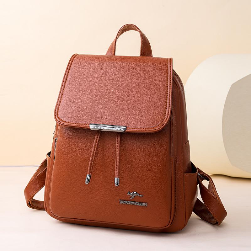 Women's Solid Color Schoolbag Large Capacity Soft Leather Backpack Female Travel Bag