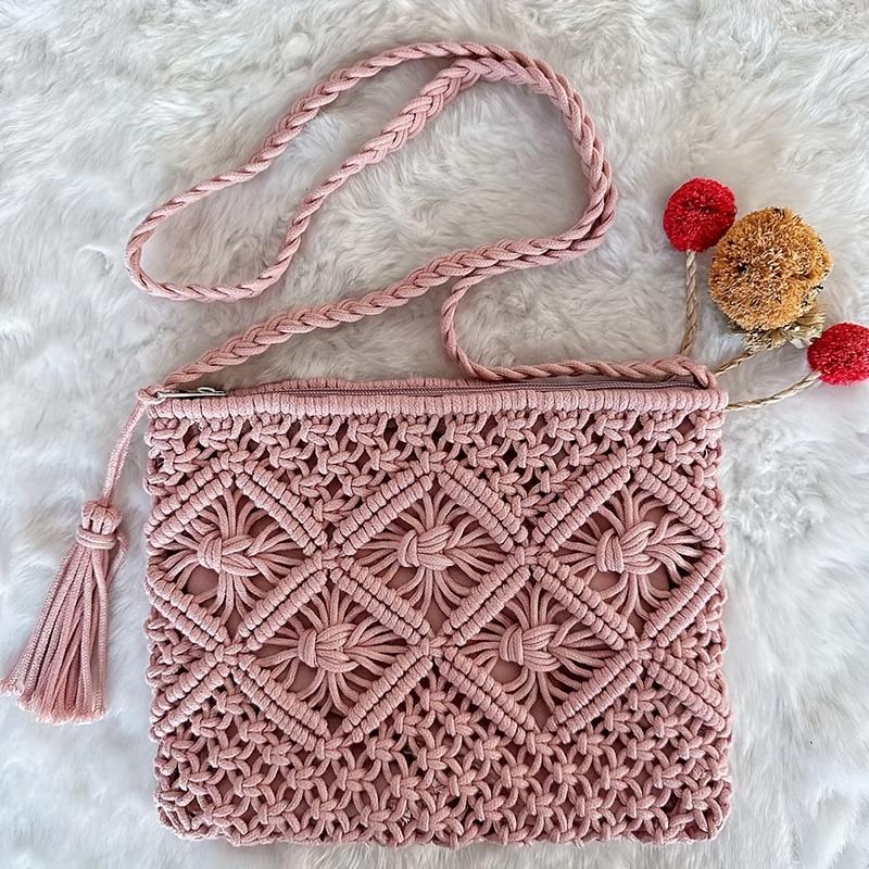 Ladies' Bohemian Style Handmade Woven Shoulder Bag - a Lightweight Summer Beach Clutch with Tassel Details,Crossbody Design