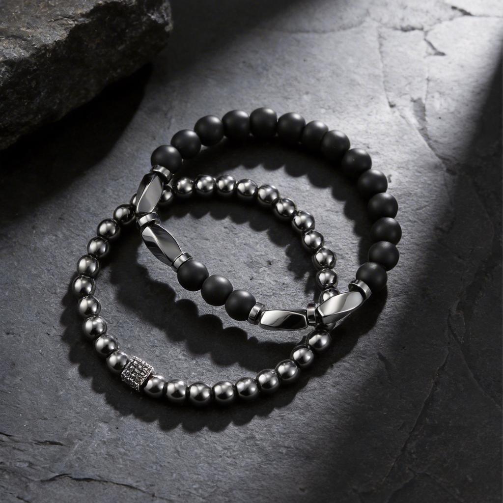 Vnox 2 Stück/Set Mattschwarzes Onyx-Hämatit-Perlenarmband-Set Natürlicher Stein Stretch-Armbänder Modeschmuck Geschenke für Männer Frauen