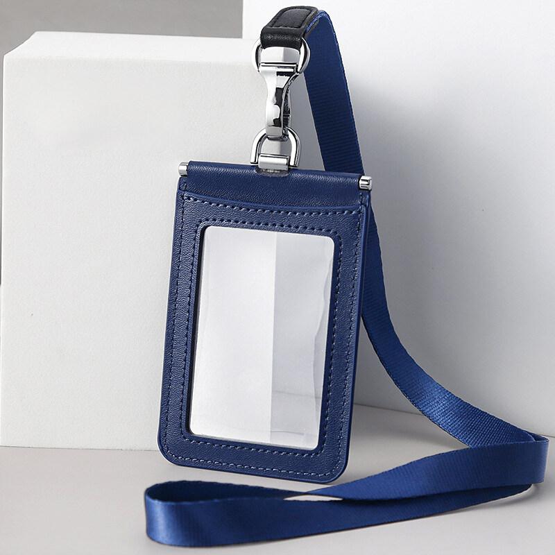 Double Sided Transparent PVC and Real Leather Work Card Holder with Lanyard Staff Hanging Neck Anti-interference Protection ID Badge Cards Cases