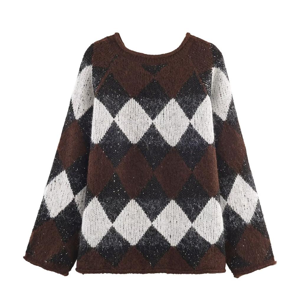 European and American style, new women's clothing, fashionable and versatile foreign style casual rhombus plaid pullover knitted sweater