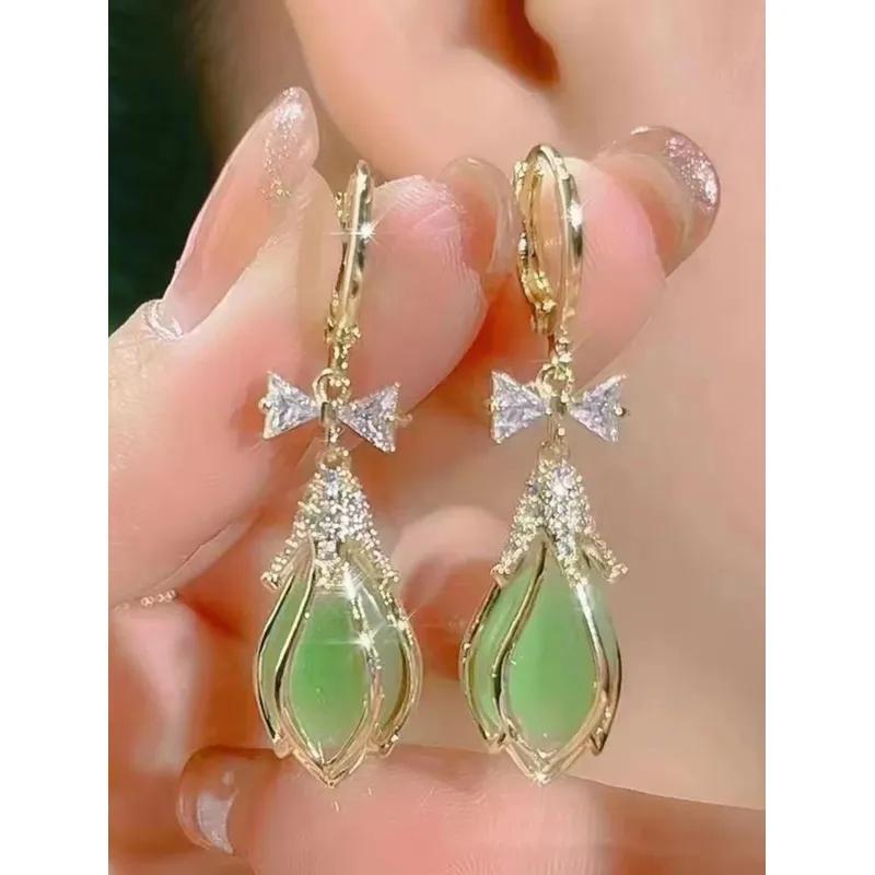 

2 модных и высококачественных банта, камень кошачий глаз, цветок тюльпана, женские серьги, серьги, ежедневные свидания, универсальный аксессуар