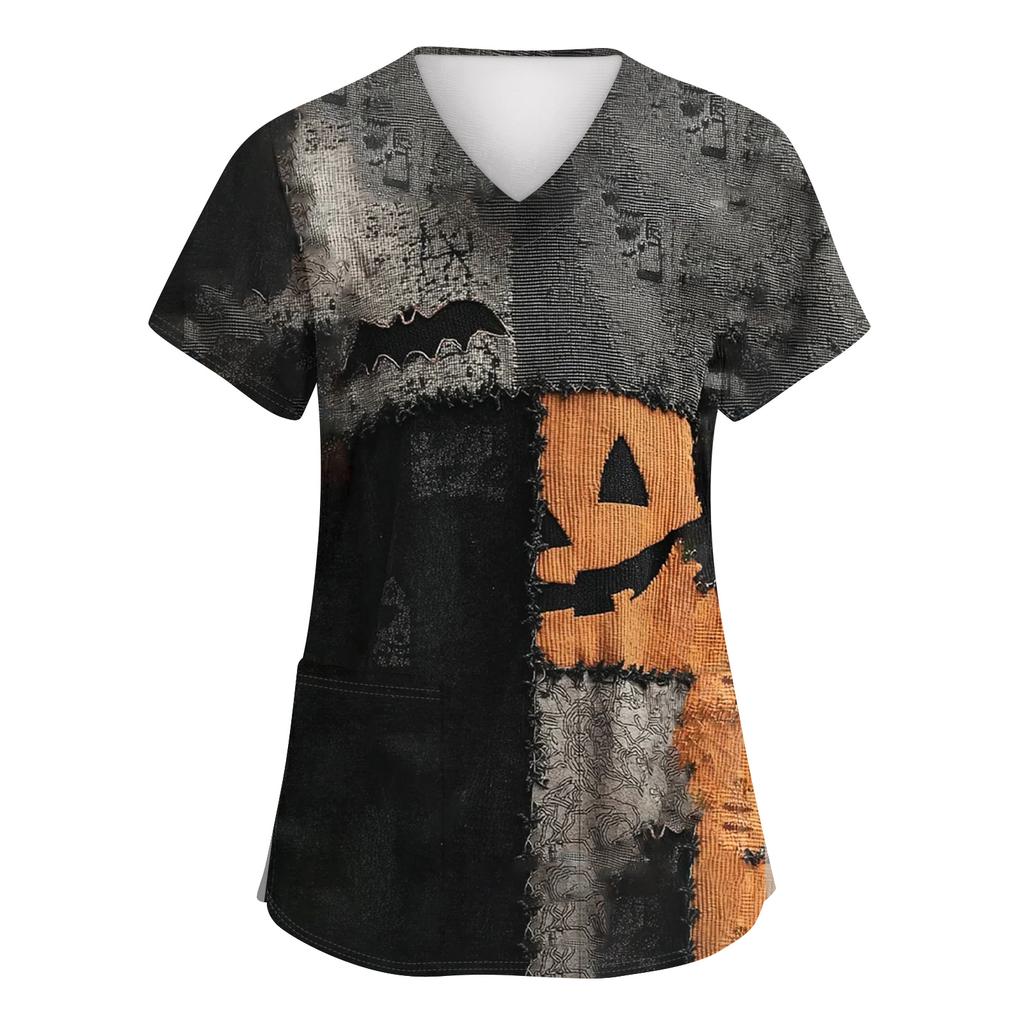 Women's Fashion Short Sleeve Halloween Print V-Neck Pocket Workwear Tops