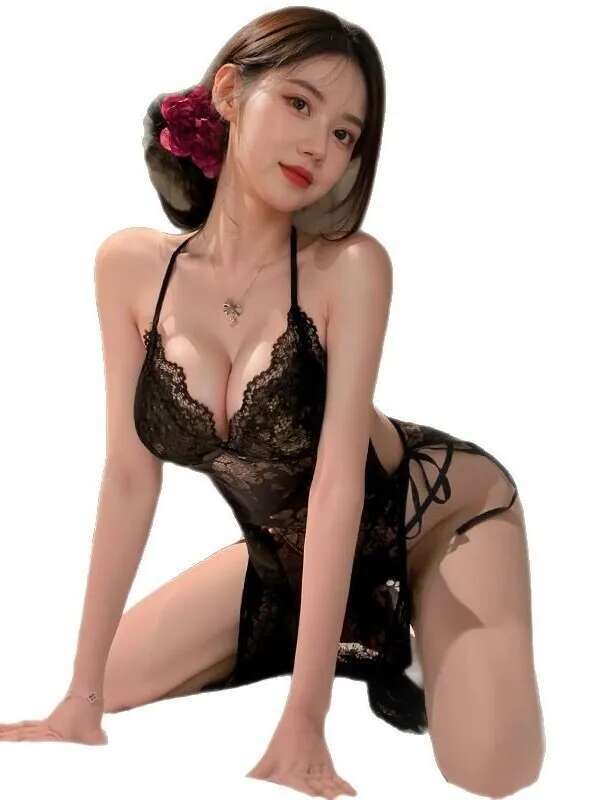Sexy Female Deep V Neck Lace Back Strap Mesh Lace Sheer Sleepwear Dress Elegant 2025 New Tops Mini Dress Hot Sexy Korean N50P