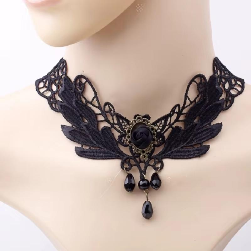 Gothic Victorian Black Lace Necklace Women Girl Boho Crystal Tassel Sexy Lace Choker Dark Loli Style Holiday Party Girl Jewelry