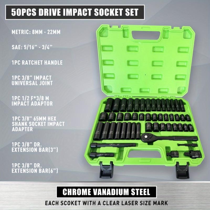 50-Piece 3/8-Inch Drive Impact Socket Set - High-Torque, 6-Point Metric (8-22mm) & SAE (5/16-3/4-Inch) Sockets, Durable Chromium