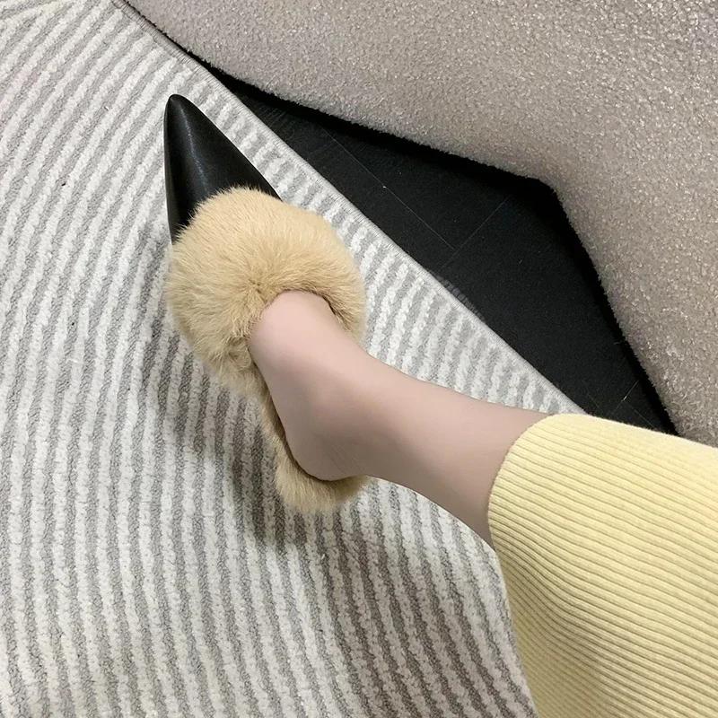 Fashion Fashion Winter Plush Women Mules Slippers Slip On Warm Woman Slipper Faux Fur Flat Shoes Pointed Toe Female Ladies Shoes