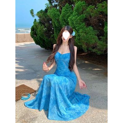 French Gentle Wind Seaside Vacation Blue Jacquard Suspender Dress Is Beautiful, Beautiful, Waist Temperament Long Skirt
