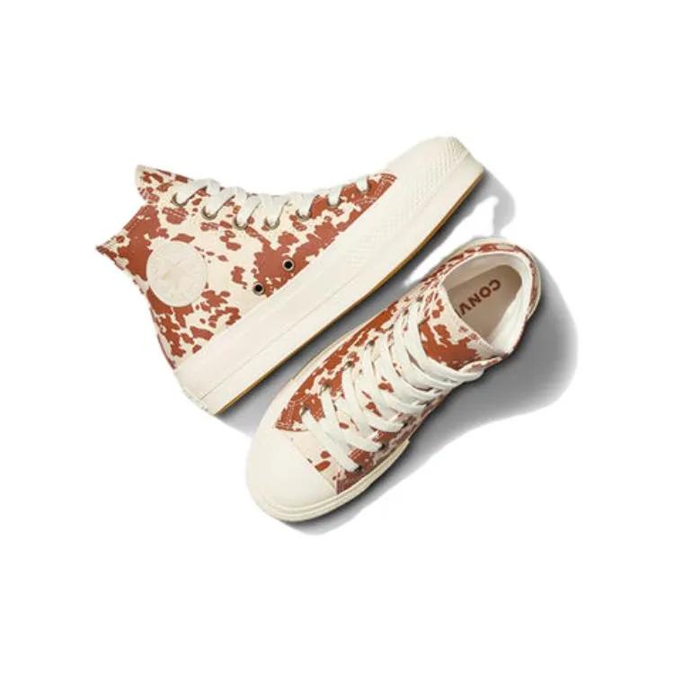 Converse Womens All Star Lift Platform High 'Animal Print' (women's sizes) Egret / Brown / Gold Canvas Shoes A10141C