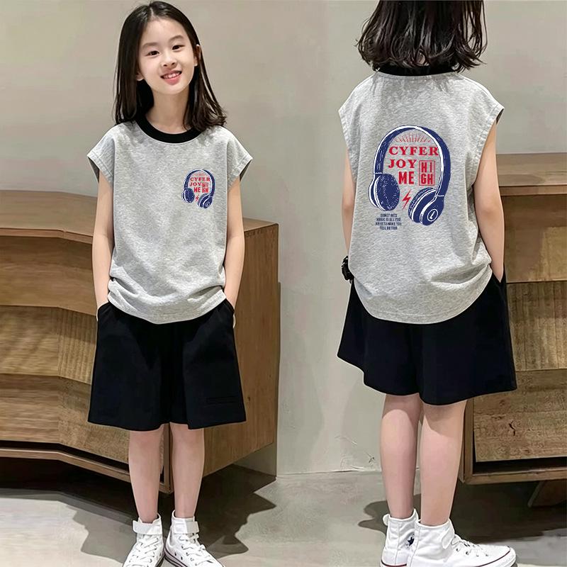 Girls' Retro Color Block Cotton Vest Set - Stylish Sleeveless T-shirt Two-Piece for Summer