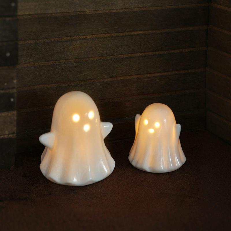 2Pcs Halloween Ceramic Ghostly Figurines With Soft Glows Night Light Handcrafted Holiday Decoration for Bedroom Party Decoration Collectibles