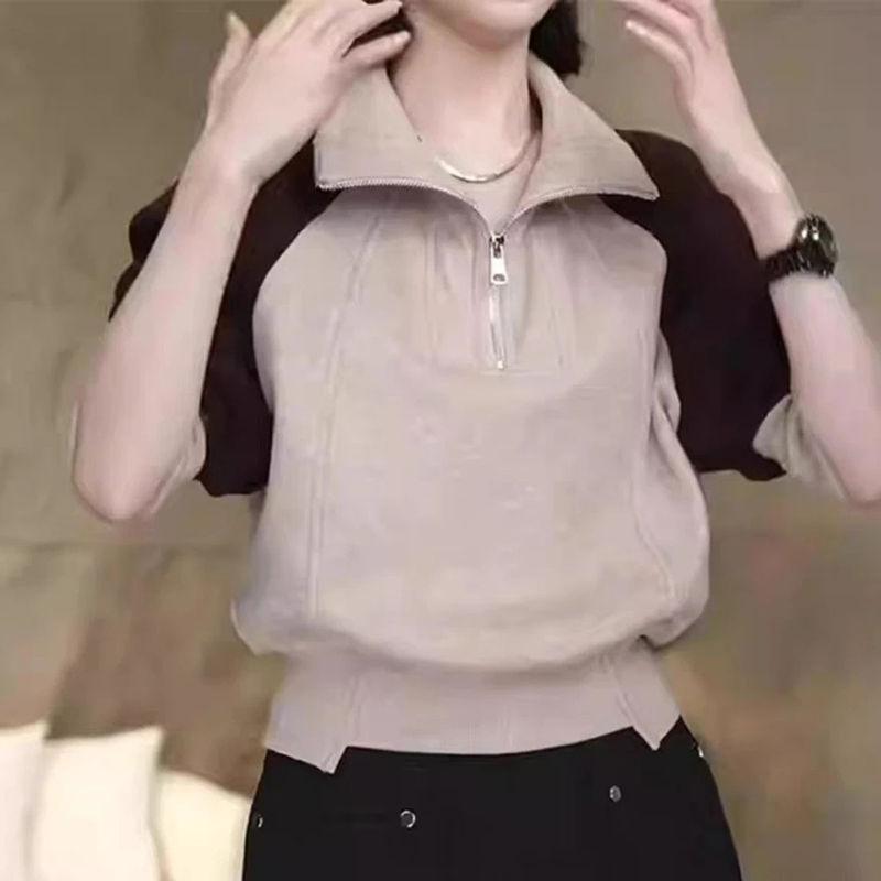 Half Zip Stand Up Collar Splicing Pullover Hoodie for Women's Autumn and Winter Fashion Short Top