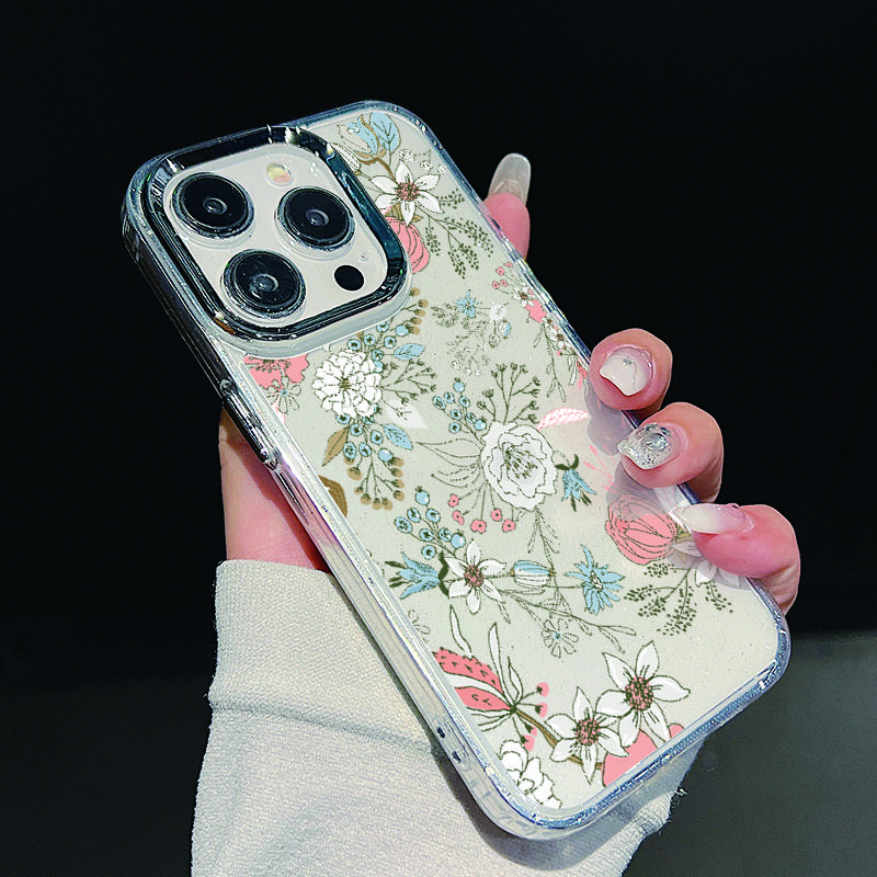 Plating Lens Frame Flowers Love Heart Phone Case For iPhone 16 15 14 13 12 Pro Max Plus 11 Clear TPU Shockproof Cover