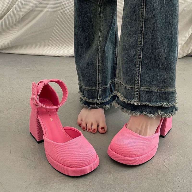 Small high-heeled thick-heeled Mary Jane shoes women's waterproof table hollow bag head sandals spring 2025 new pink
