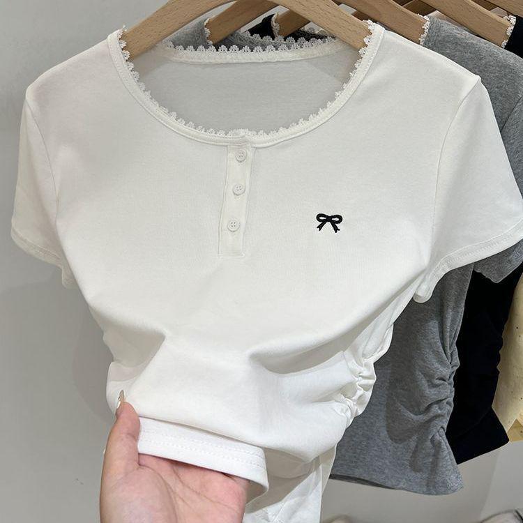 Women's Summer 2025 Pleated Lace Bow Short Sleeve T-Shirt