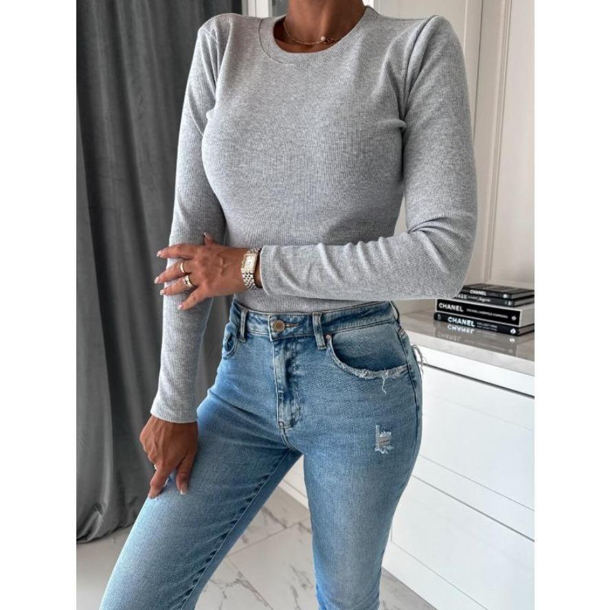 

YYFS женские модные повседневные весенне-осенние однотонные блузки и рубашки с круглым вырезом и длинными рукавами с принтом XXL светло-серый