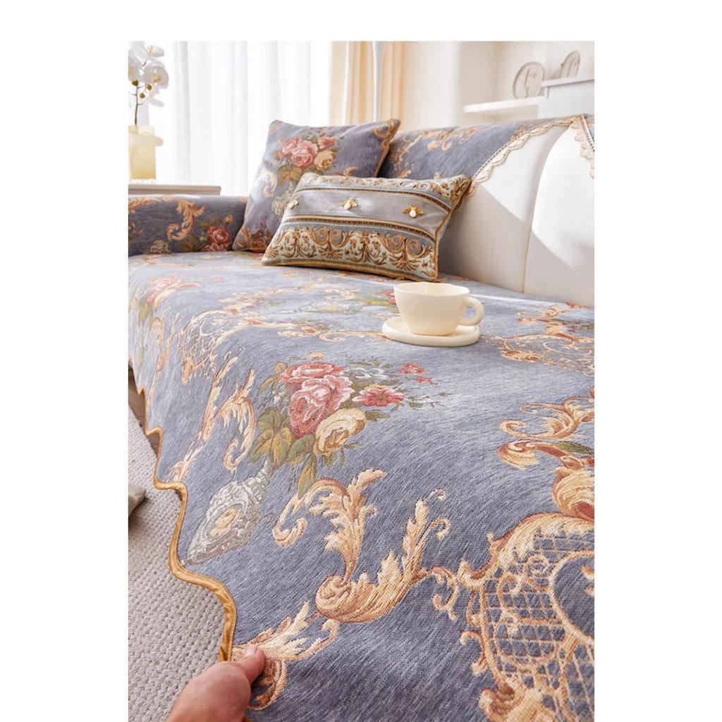 Chenille Jacquard Slipcover for Living Room, Flower Pattern, Decorative, Dustproof, Anti-Slip, Wave Edge Sofa Cover, All Season