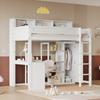 Letto a Castello con Scrivania e Armadio, Letto per Bambini, Barra di Protezione Anti-caduta, con Mensole e Scala a Quattro Gradini, Contenitore, Pino+MDF+Compensato, Bianco, 90x200cm