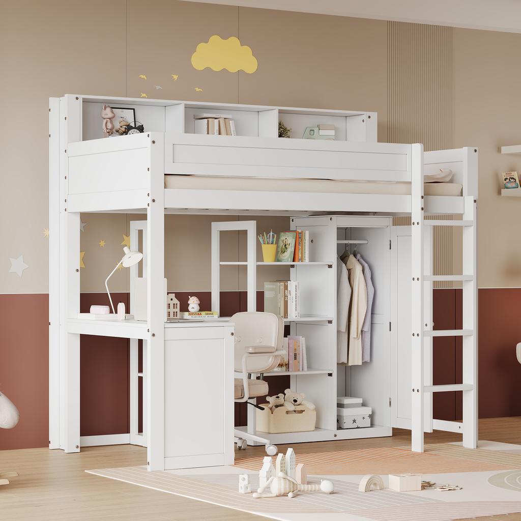 Letto a Castello con Scrivania e Armadio, Letto per Bambini, Barra di Protezione Anti-caduta, con Mensole e Scala a Quattro Gradini, Contenitore, Pino+MDF+Compensato, Bianco, 90x200cm