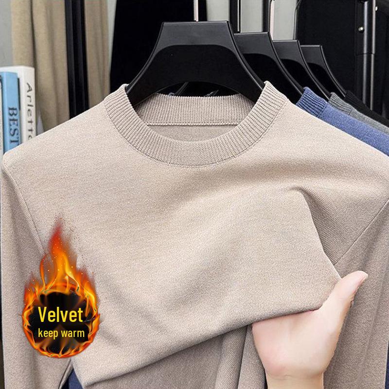 Men's Velvet Knitted Round Neck Sweater - Thick Warm Base Layer for Autumn/Winter.