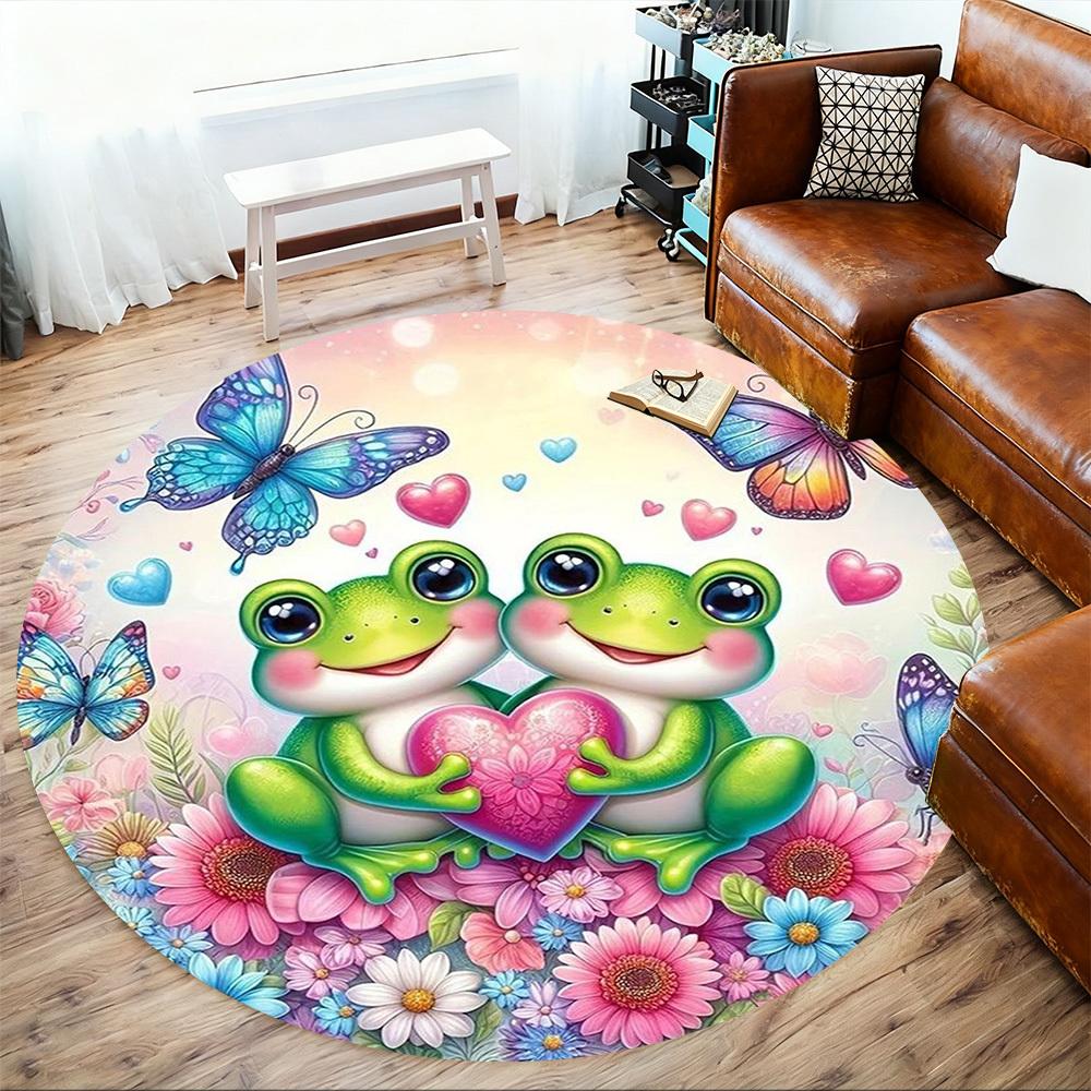 1PC Frogs Flowers Butterflies Round Chair Mat Area Rug - Non-Slip, Floor Mat for Office, Bedroom, Home Decor Christmas Gift C0528015