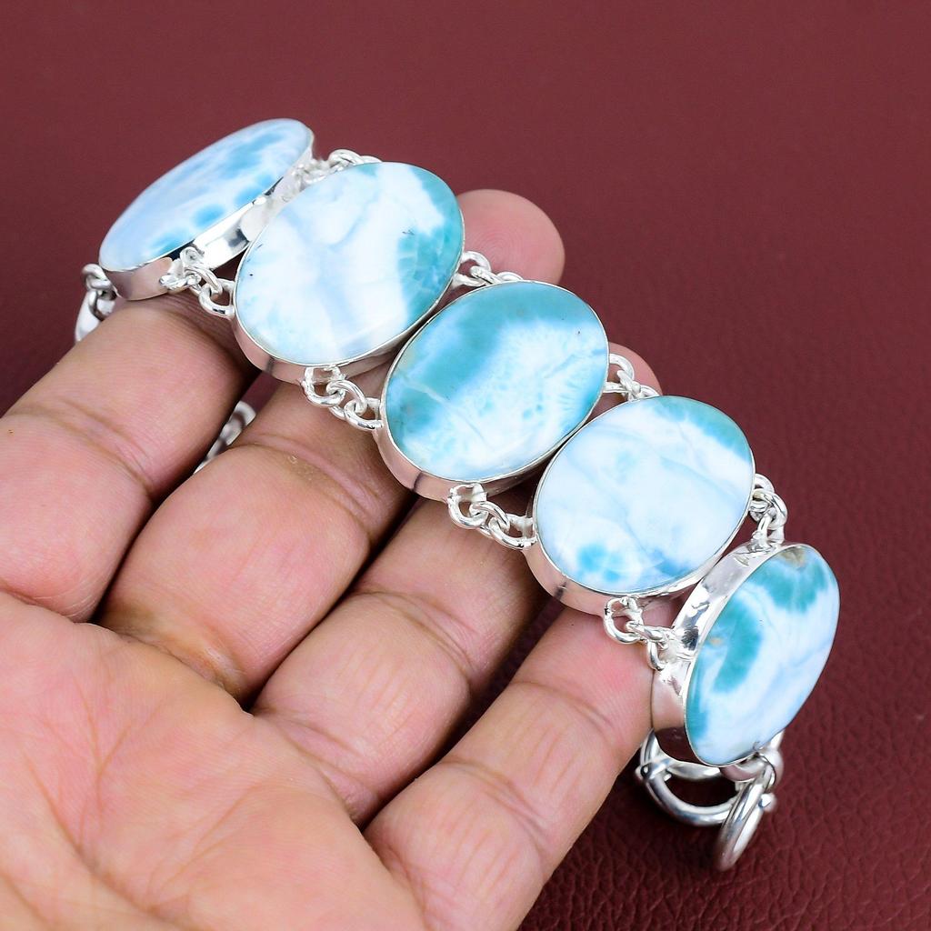 Larimar Bracelet Natural Gemstone Bracelet 925 Sterling Silver Bracelet Adjustable Chain Bracelet Decent Jewelry Handmade Bracelet for Gifts